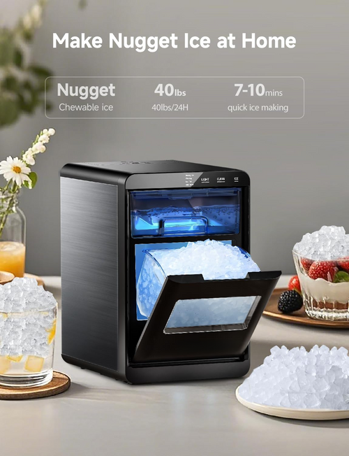 40Lbs/24H Nugget Ice Maker, Self-Cleaning Pebble Ice Machine for Home & Office