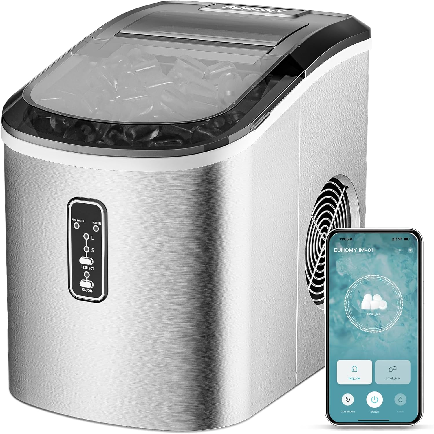 Countertop Smart Ice Maker, 26lbs Ice Per Day, 9 Ice Cubes Ready in 8 Minutes, Self-Cleaning Portable Ice Maker with Scoop & Basket, Ideal for Home, Kitchen & Office - Silver