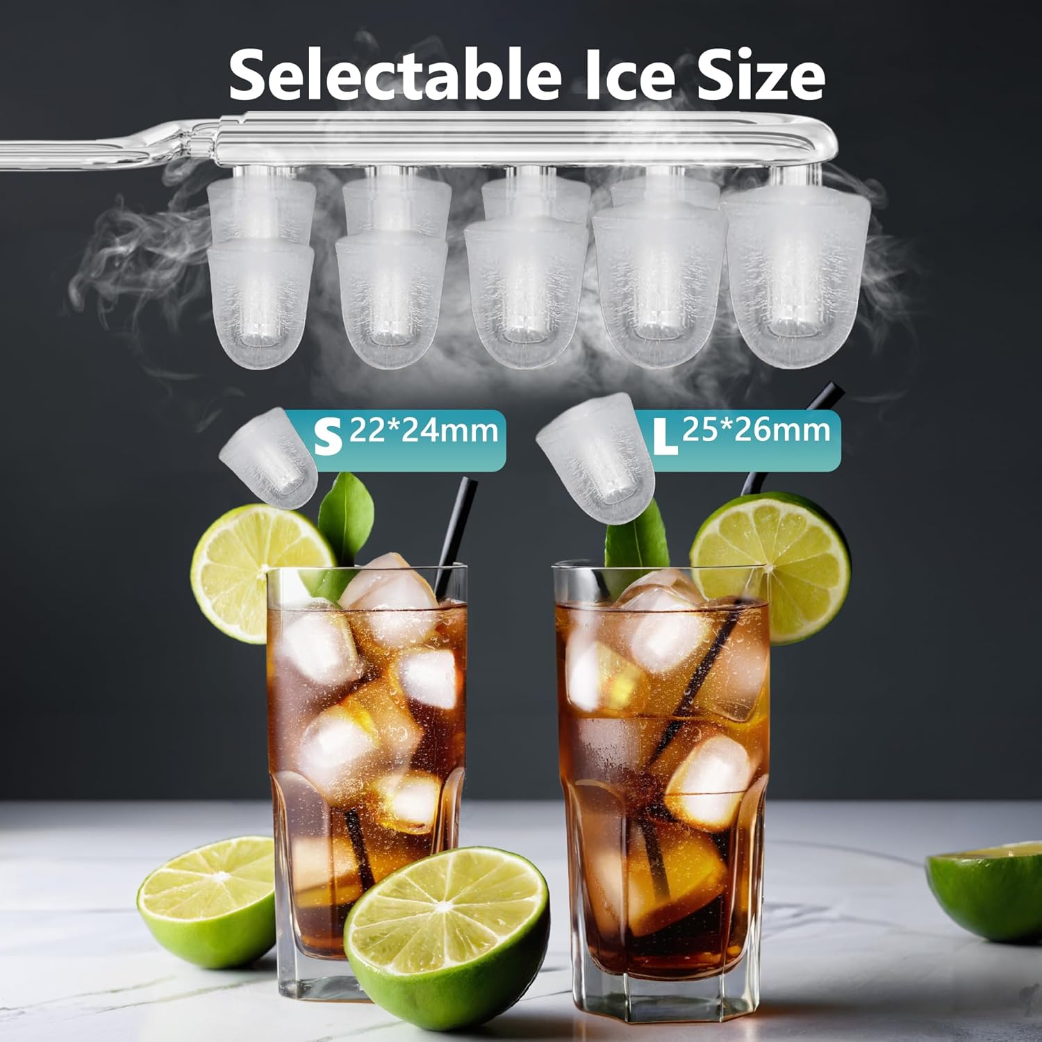 Countertop Smart Ice Maker, 26lbs Ice Per Day, 9 Ice Cubes Ready in 8 Minutes, Self-Cleaning Portable Ice Maker with Scoop & Basket, Ideal for Home, Kitchen & Office - Silver