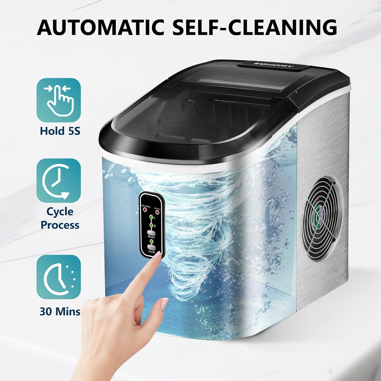 Countertop Smart Ice Maker, 26lbs Ice Per Day, 9 Ice Cubes Ready in 8 Minutes, Self-Cleaning Portable Ice Maker with Scoop & Basket, Ideal for Home, Kitchen & Office - Silver