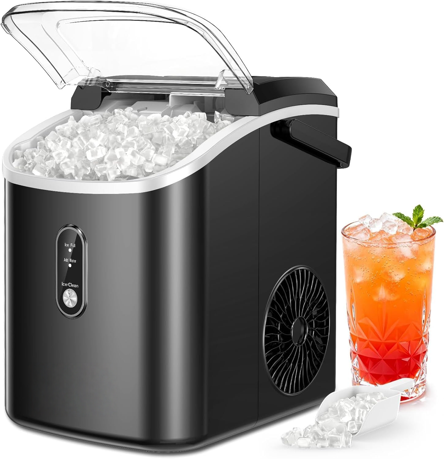 Countertop Nugget Ice Maker with Handle, Ice Ready in 6 Minutes, 38lbs Daily Output, Removable Top Cover & Self-Cleaning Function, Portable Chewable Ice Maker with Ice Basket and Scoop, for Home, RV, Party & Camping - Black