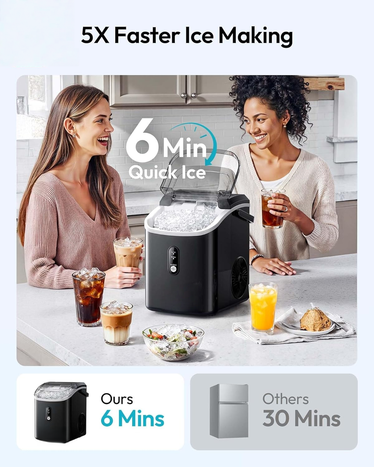 Countertop Nugget Ice Maker with Handle, Ice Ready in 6 Minutes, 38lbs Daily Output, Removable Top Cover & Self-Cleaning Function, Portable Chewable Ice Maker with Ice Basket and Scoop, for Home, RV, Party & Camping - Black