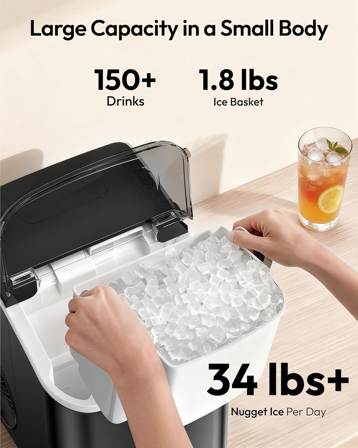 Countertop Nugget Ice Maker with Handle, Ice Ready in 6 Minutes, 38lbs Daily Output, Removable Top Cover & Self-Cleaning Function, Portable Chewable Ice Maker with Ice Basket and Scoop, for Home, RV, Party & Camping - Black