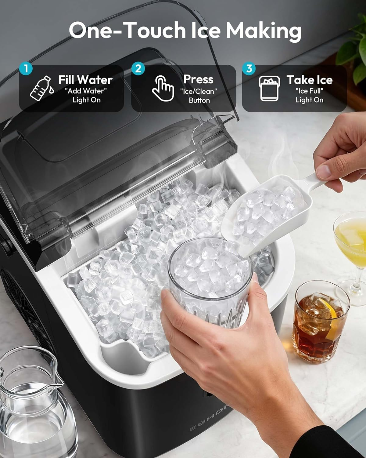 Countertop Nugget Ice Maker with Handle, Ice Ready in 6 Minutes, 38lbs Daily Output, Removable Top Cover & Self-Cleaning Function, Portable Chewable Ice Maker with Ice Basket and Scoop, for Home, RV, Party & Camping - Black