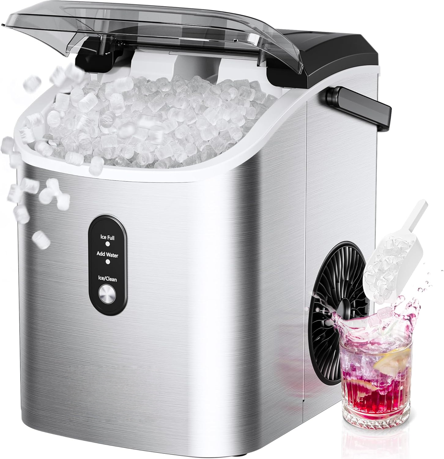 Portable Countertop Nugget Ice Maker, 6-Min Fast Ice Making, 34lbs/24H, Removable Top Cover, Auto-Cleaning, Comes with Basket & Scoop, for Home RV Camping Party, Silver