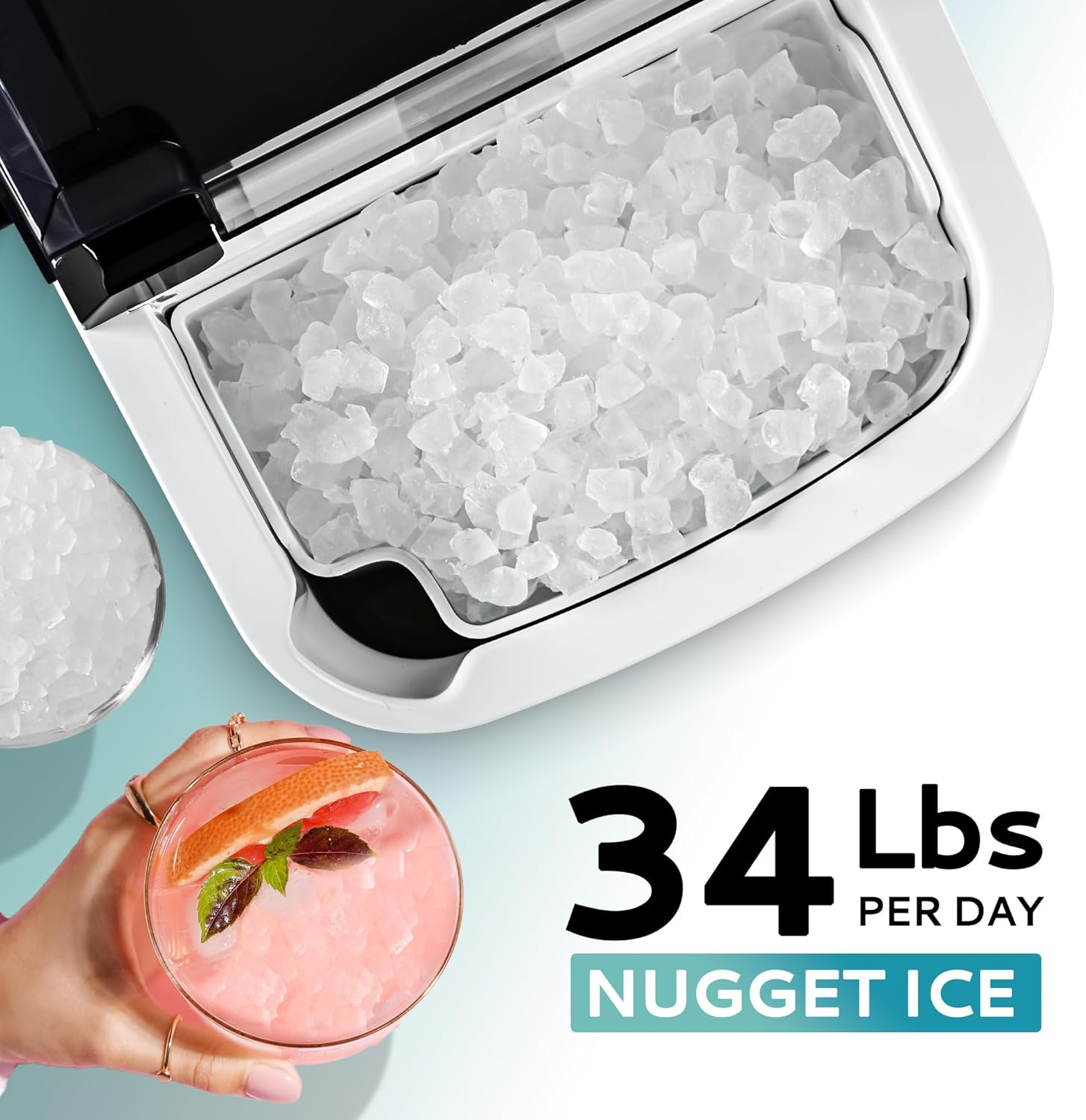 Portable Countertop Nugget Ice Maker, 6-Min Fast Ice Making, 34lbs/24H, Removable Top Cover, Auto-Cleaning, Comes with Basket & Scoop, for Home RV Camping Party, Silver