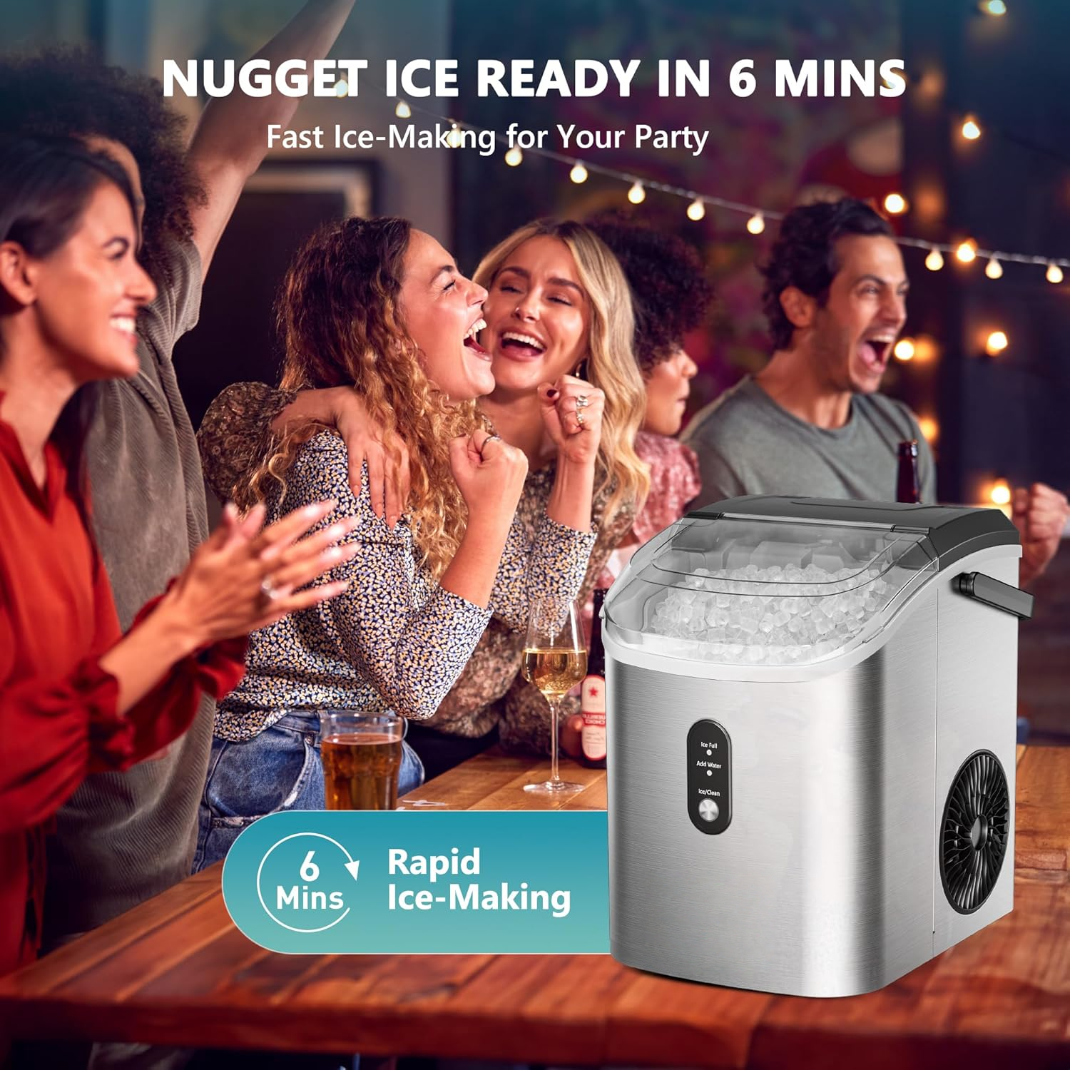 Portable Countertop Nugget Ice Maker, 6-Min Fast Ice Making, 34lbs/24H, Removable Top Cover, Auto-Cleaning, Comes with Basket & Scoop, for Home RV Camping Party, Silver