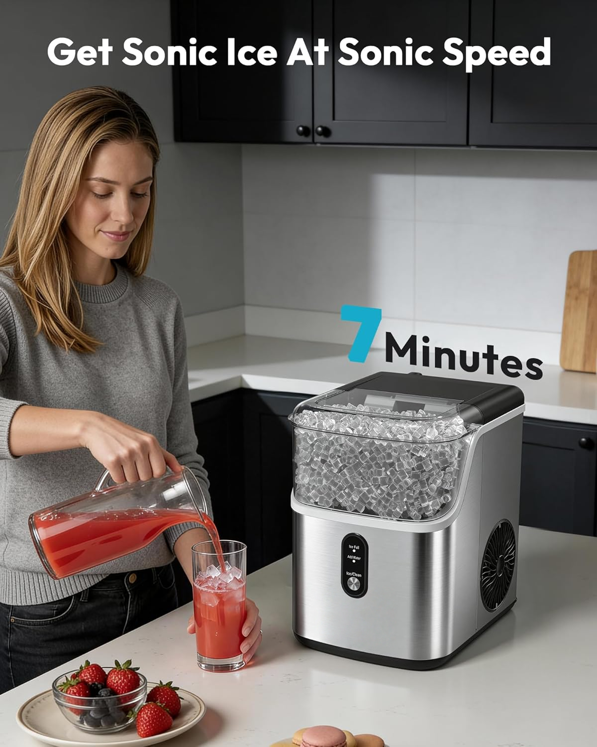 7 Mins Fast Nugget Ice Maker, 35Lbs/24H Self-Cleaning Stainless Steel Ice Machine