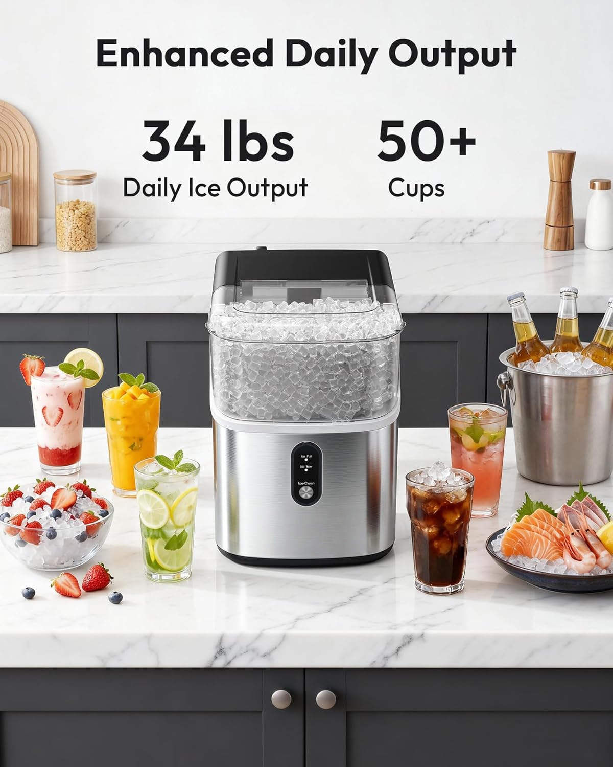 7 Mins Fast Nugget Ice Maker, 35Lbs/24H Self-Cleaning Stainless Steel Ice Machine