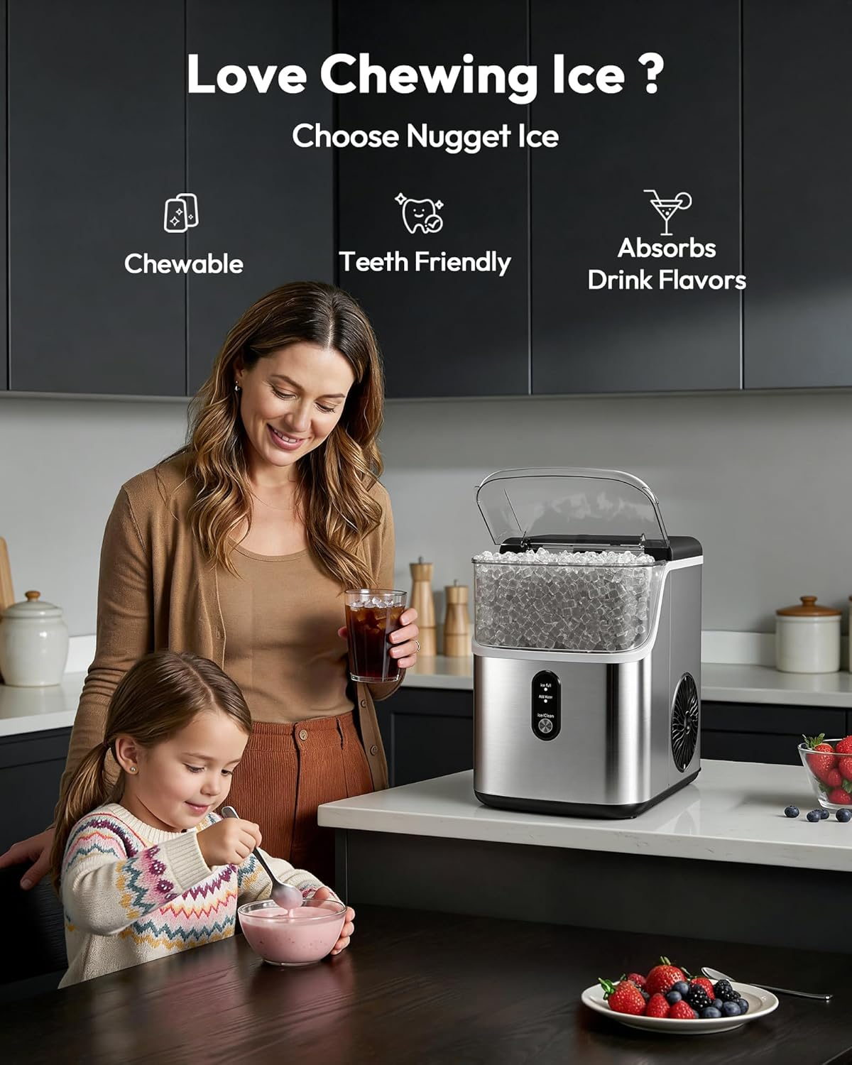 7 Mins Fast Nugget Ice Maker, 35Lbs/24H Self-Cleaning Stainless Steel Ice Machine