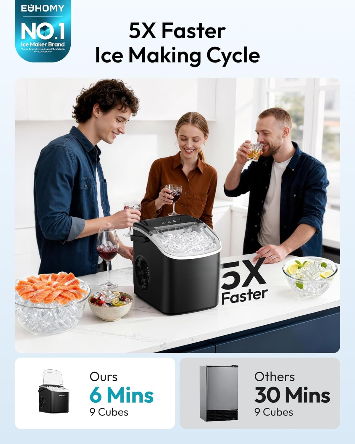 Countertop Ice Maker with Handle, 26lbs Ice Per Day, 9 Cubes Ready in 6 Minutes, Auto-Cleaning Portable Ice Maker with Basket & Scoop, Ideal for Home, Kitchen, Camping & RV