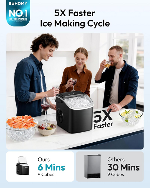 Countertop Ice Maker with Handle, 26lbs Ice Per Day, 9 Cubes Ready in 6 Minutes, Auto-Cleaning Portable Ice Maker with Basket & Scoop, Ideal for Home, Kitchen, Camping & RV