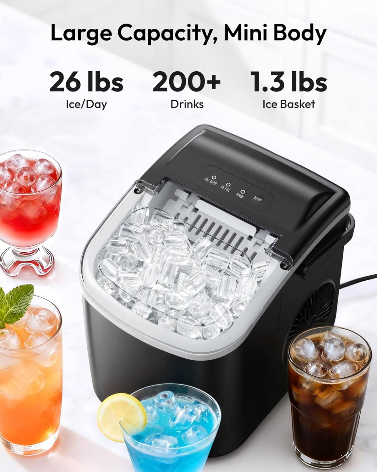 Countertop Ice Maker with Handle, 26lbs Ice Per Day, 9 Cubes Ready in 6 Minutes, Auto-Cleaning Portable Ice Maker with Basket & Scoop, Ideal for Home, Kitchen, Camping & RV